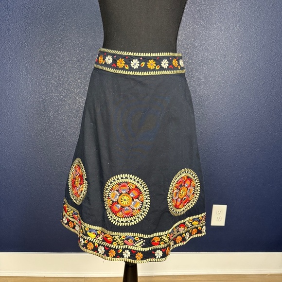 Dresses & Skirts - Embroidered Navy Boho A-Line Midi Skirt